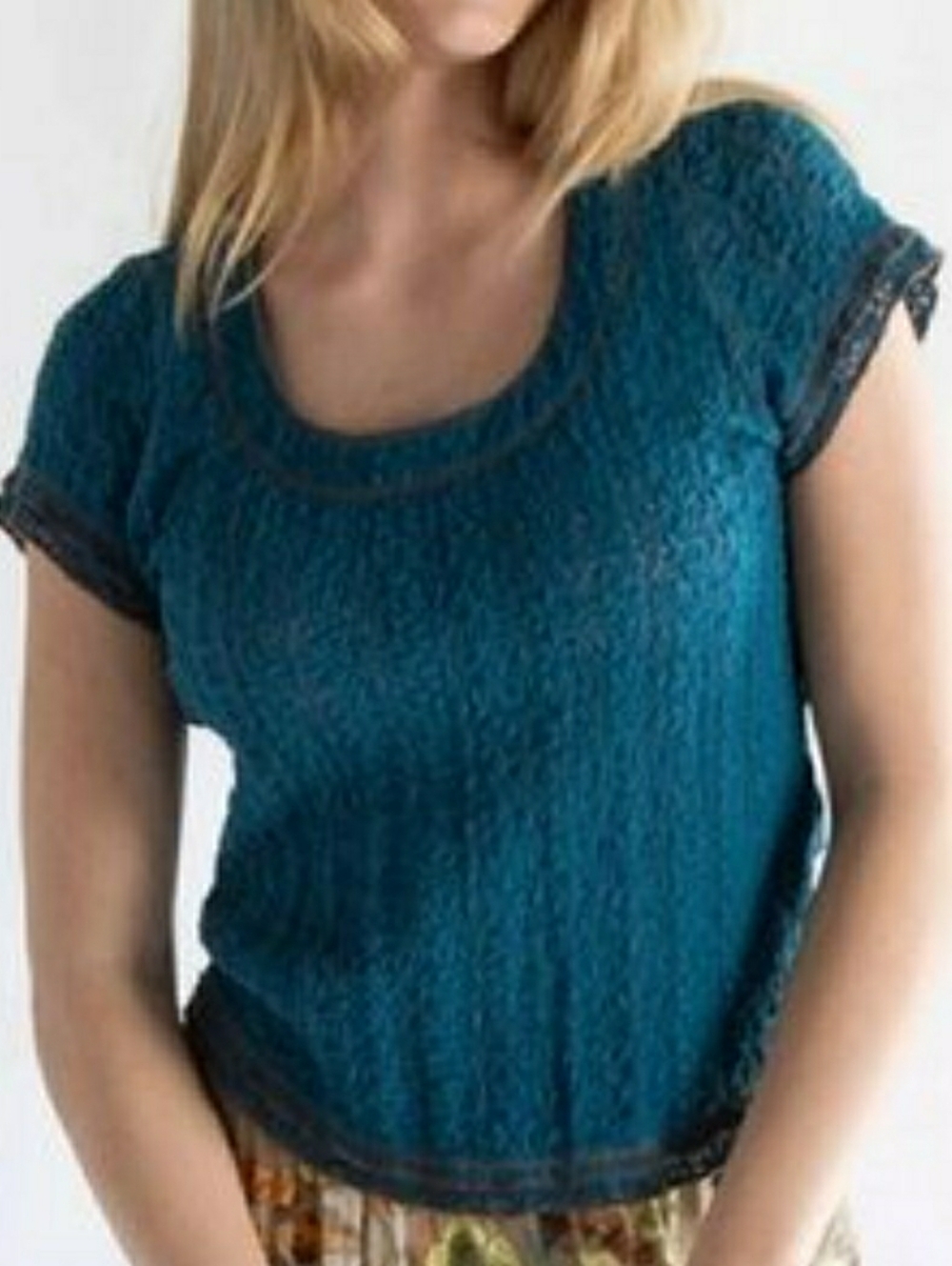 Natural Life Ashley Lace Top with Contrast stitching Scoop NecK Teal Blue Large